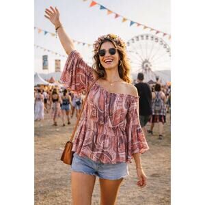 Paper Heart Boho Paisley Peasant Top XL Pink Off Shoulder Bell Sleeve Tunic